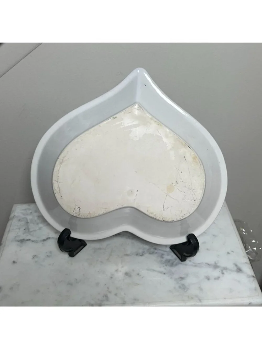 Large Vintage Heart Shaped Ceramic Serving Bowl | Blue & White Folk Art Dish